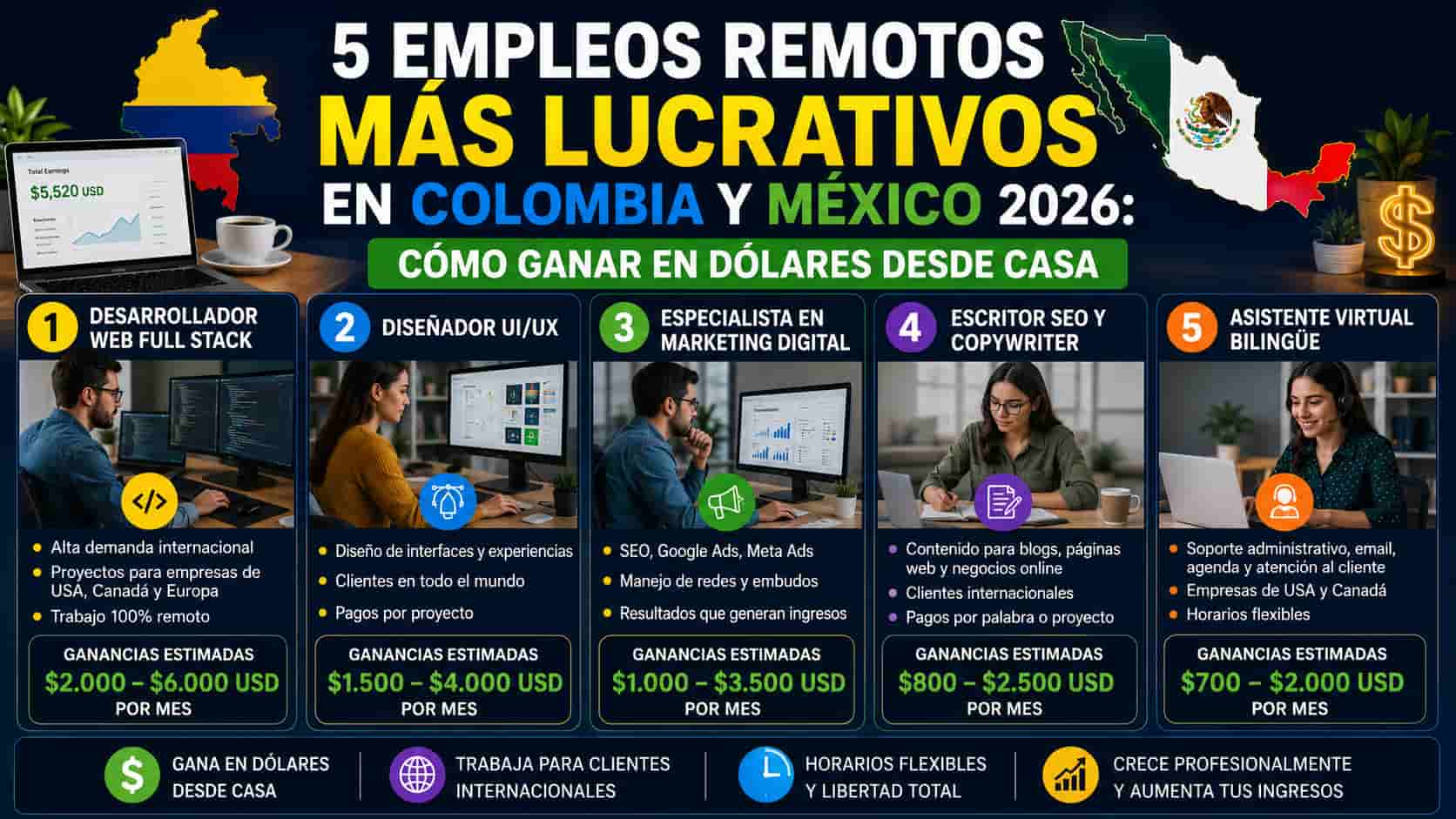 5 Empleos Remotos Más Lucrativos en Colombia y México 2026: Cómo Ganar en Dólares Desde Casa